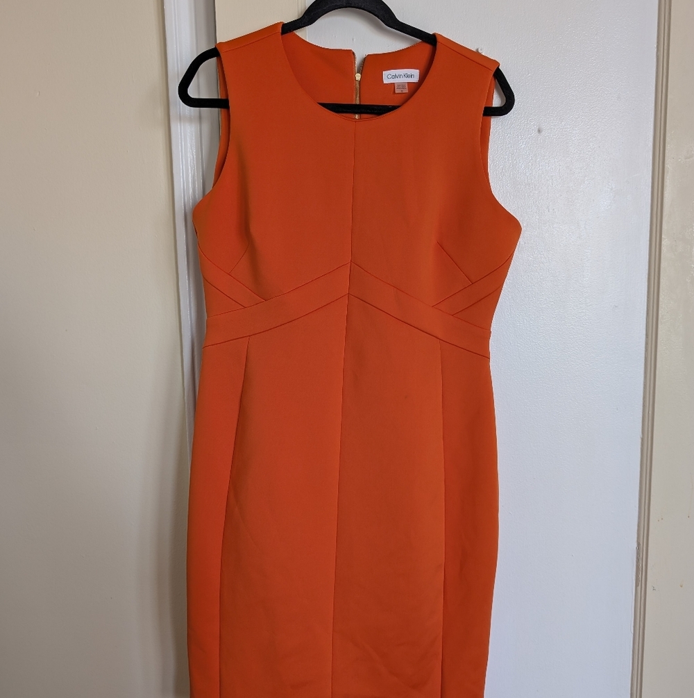 Calvin Klein Bright Orange Fitted Midi Sheath Dress